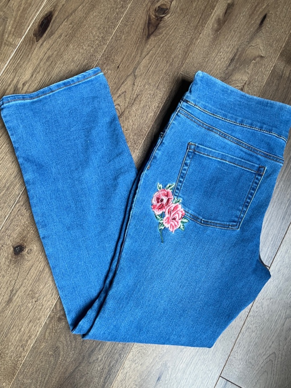 The Pioneer Woman Blue Boot Cut Jeans with Pink Rose Embroidery